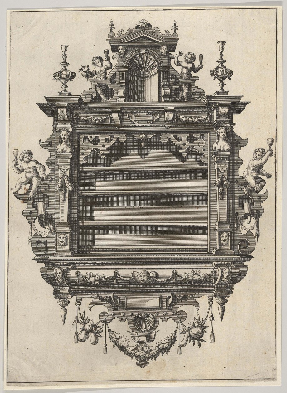 Veggmontert hylle fra Verscheyden Schrynwerck ... [Plusieurs Menuiseries ...], 1658. av Paul Vredeman de Vries