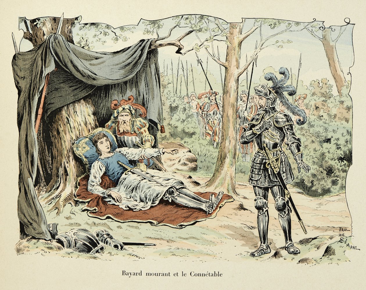 Illustrasjon hentet fra boken "Histoire du chevalier Bayard" av Theodore Cahu, illustrert av Paul De Semant (1855-1915): Bayard dying and Le Connetable de Bourbon 1524 av Paul de Semant