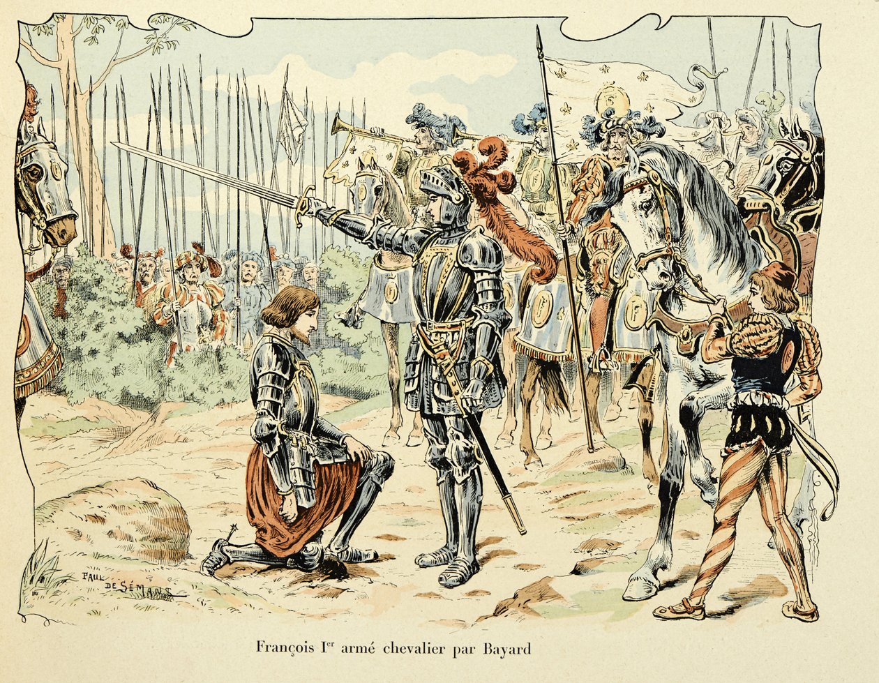 Illustrasjon hentet fra boken "Histoire du chevalier Bayard" av Theodore Cahu, illustrert av Paul De Semant (1855-1915): Francois 1, er arme chevalier par Bayard 1515 av Paul de Semant