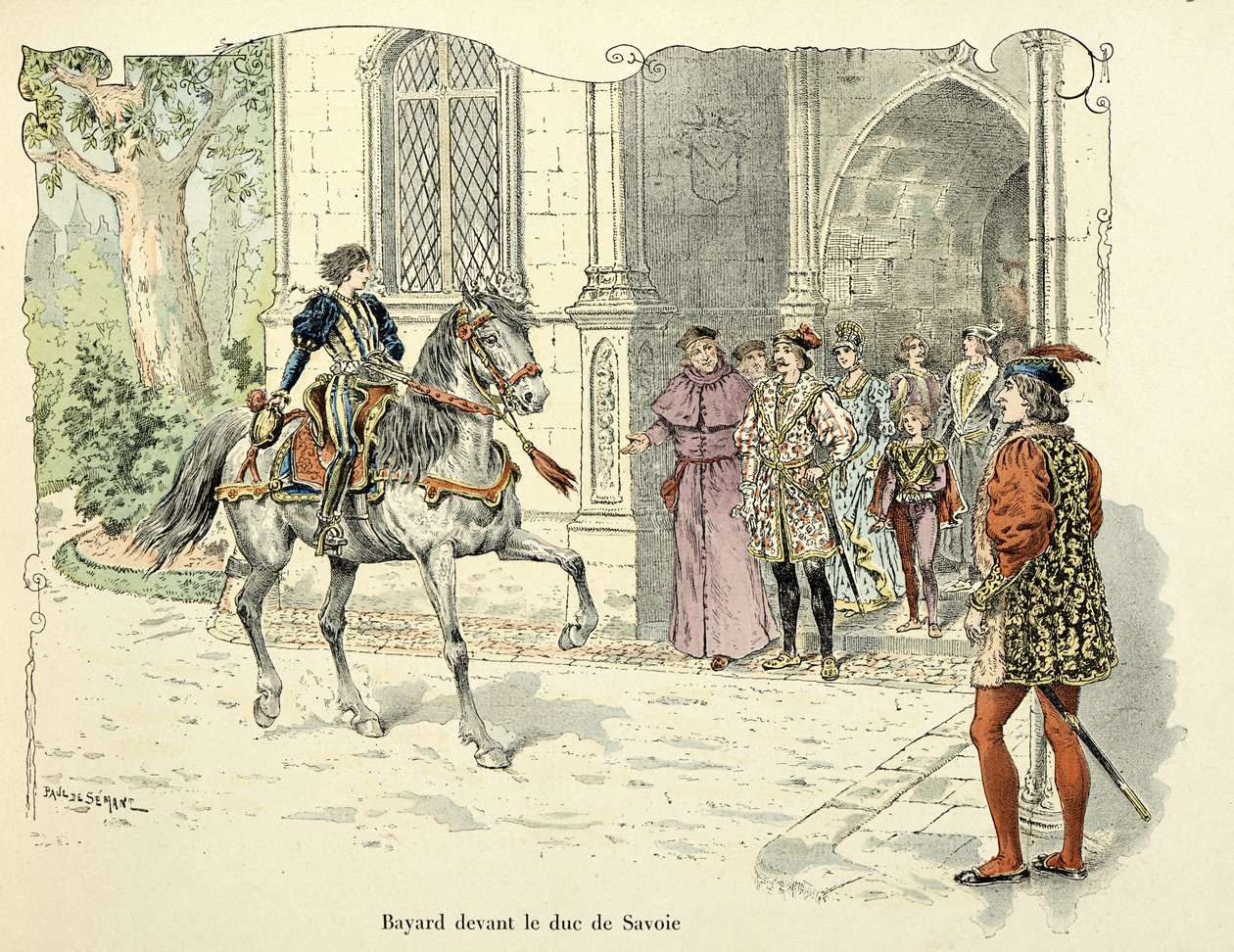 Illustrasjon hentet fra boken "Histoire du chevalier Bayard" av Theodore Cahu, illustrert av Paul De Semant (1855-1915): Bayard 11 år før hertugen av Savoy 1486 av Paul de Semant
