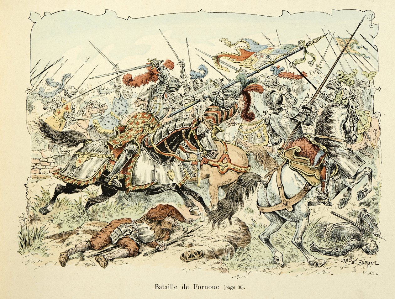 Illustrasjon hentet fra boken "Histoire du chevalier Bayard" av Theodore Cahu, illustrert av Paul De Semant (1855-1915): Slaget ved Fornoua 1495 av Paul de Semant