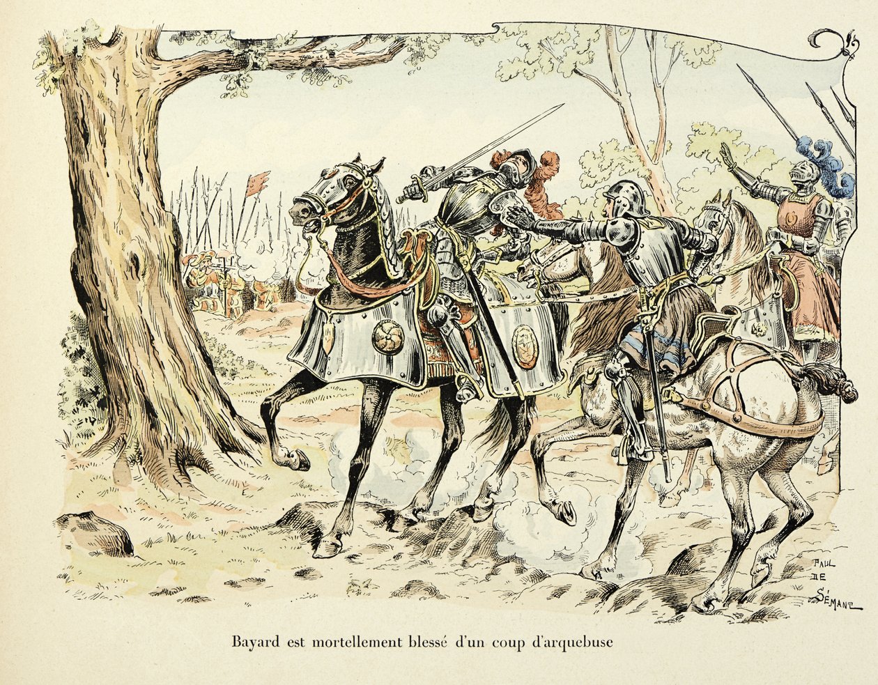 Illustrasjon hentet fra boken "Histoire du chevalier Bayard" av Theodore Cahu, illustrert av Paul De Semant (1855-1915): Bayard sårer dødelig med et skudd av arkebuse 1524 av Paul de Semant