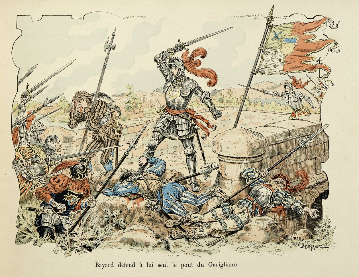 Illustrasjon hentet fra boken "Histoire du chevalier Bayard" av Theodore Cahu, illustrert av Paul De Semant (1855-1915): Bayard forsvarer bare broen til Garigliano 1504 av Paul de Semant