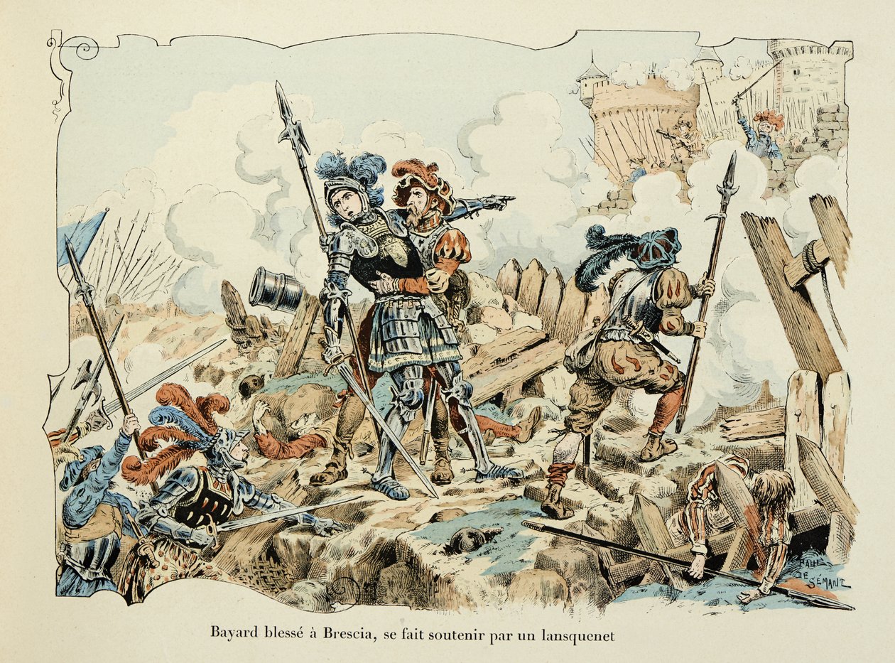 Illustrasjon hentet fra boken "Histoire du chevalier Bayard" av Theodore Cahu, illustrert av Paul De Semant (1855-1915): Bayard sårer en Brescia støttet av et lansquenet 1512 av Paul de Semant