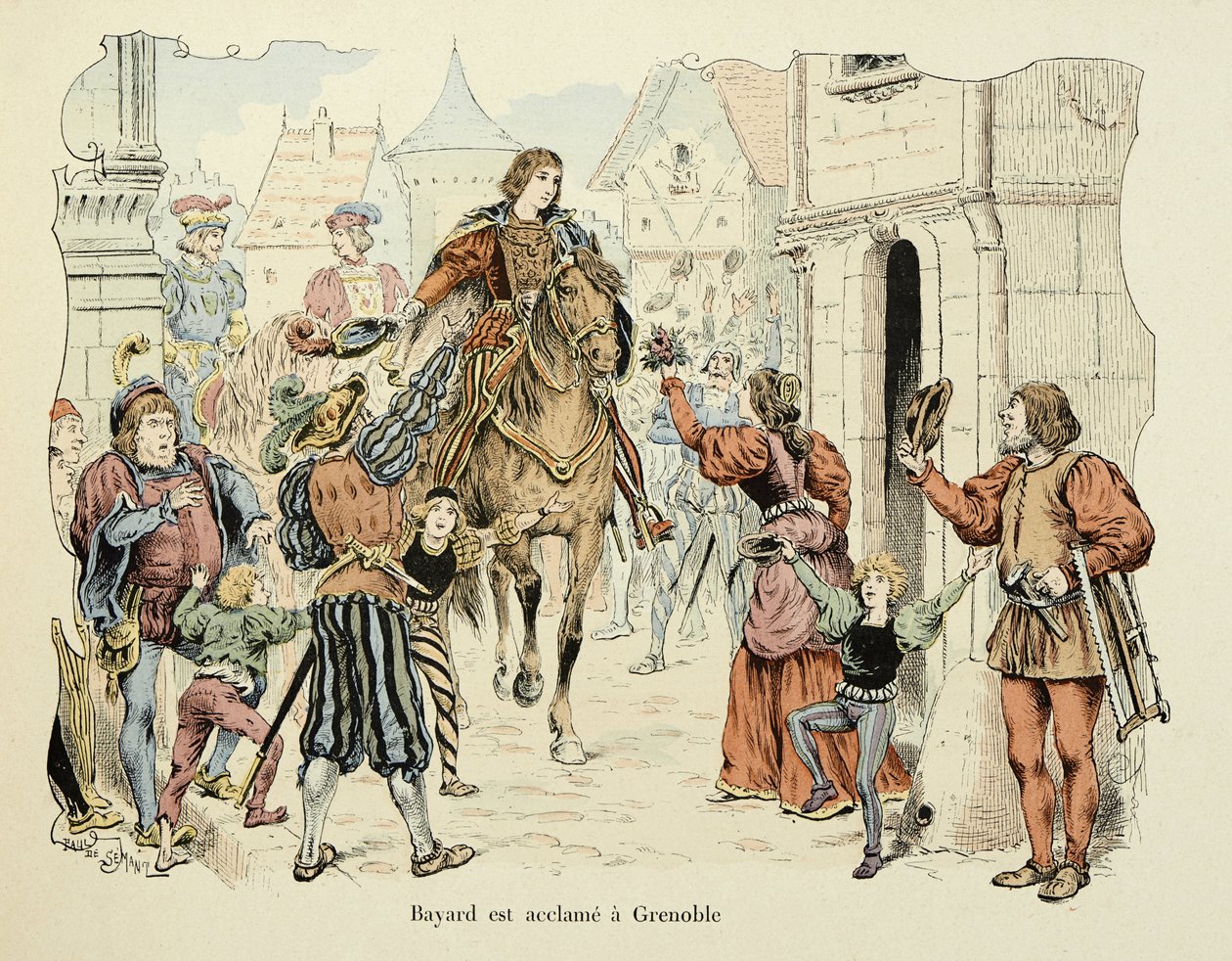 Illustrasjon hentet fra boken "Histoire du chevalier Bayard" av Theodore Cahu, illustrert av Paul De Semant (1855-1915): Bayard hylles i Grenoble av Paul de Semant