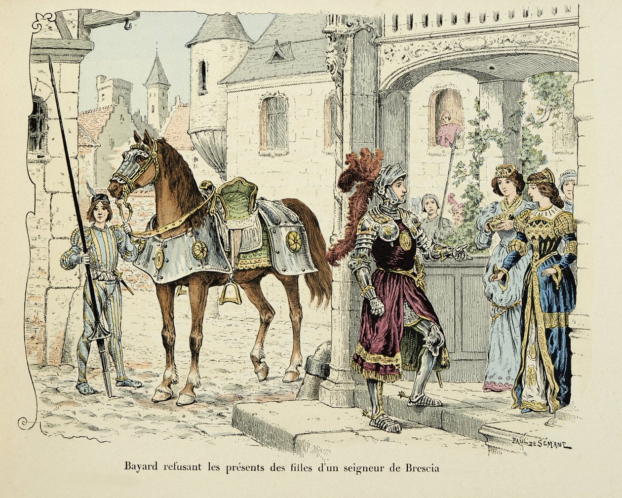 Illustrasjon hentet fra boken "Histoire du chevalier Bayard" av Theodore Cahu, illustrert av Paul De Semant (1855-1915): Bayard nektet gavene til døtrene til en herre av Brescia 1512 av Paul de Semant
