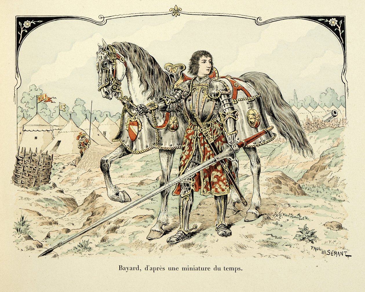Illustrasjon hentet fra boken «Histoire du chevalier Bayard» av Theodore Cahu, illustrert av Paul De Semant (1855-1915): Portrett av Bayard etter en miniatyr av perioden av Paul de Semant