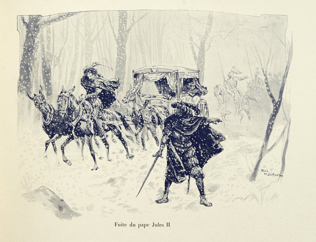 Illustrasjon hentet fra boken "Histoire du chevalier Bayard" av Theodore Cahu, illustrert av Paul De Semant (1855-1915): Flight of Pope Julius II av Paul de Semant