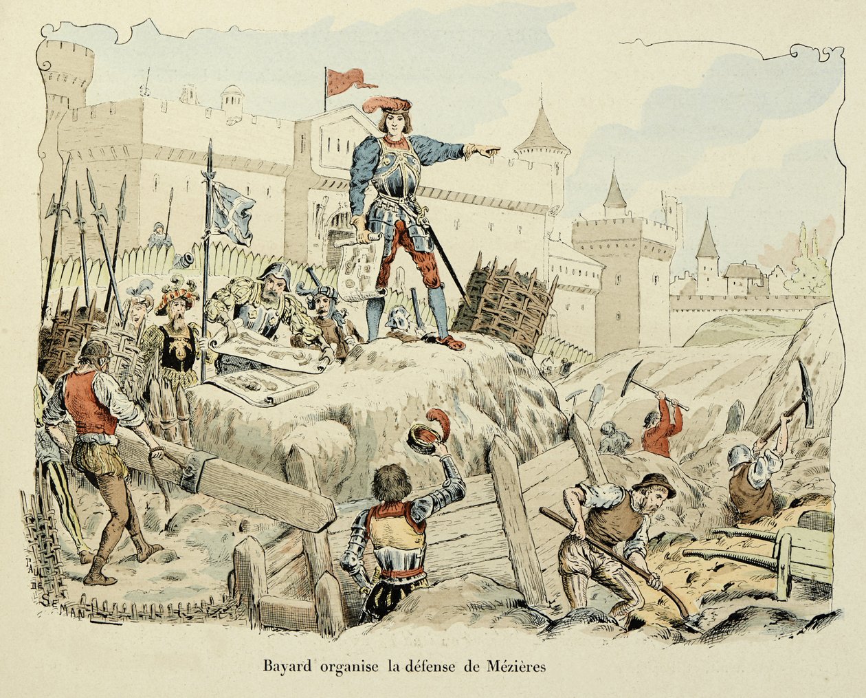 Illustrasjon hentet fra boken "Histoire du chevalier Bayard" av Theodore Cahu, illustrert av Paul De Semant (1855-1915): Bayard organiserer forsvaret av Mezieres 1521 av Paul de Semant