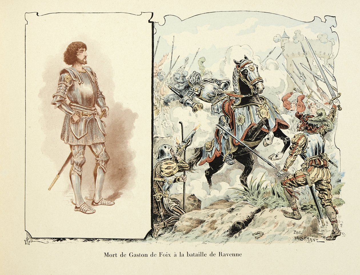 Illustrasjon hentet fra boken "Histoire du chevalier Bayard" av Theodore Cahu, illustrert av Paul De Semant (1855-1915): Death of Gaston de Foix (1489-1512) i slaget ved Ravenna av Paul de Semant