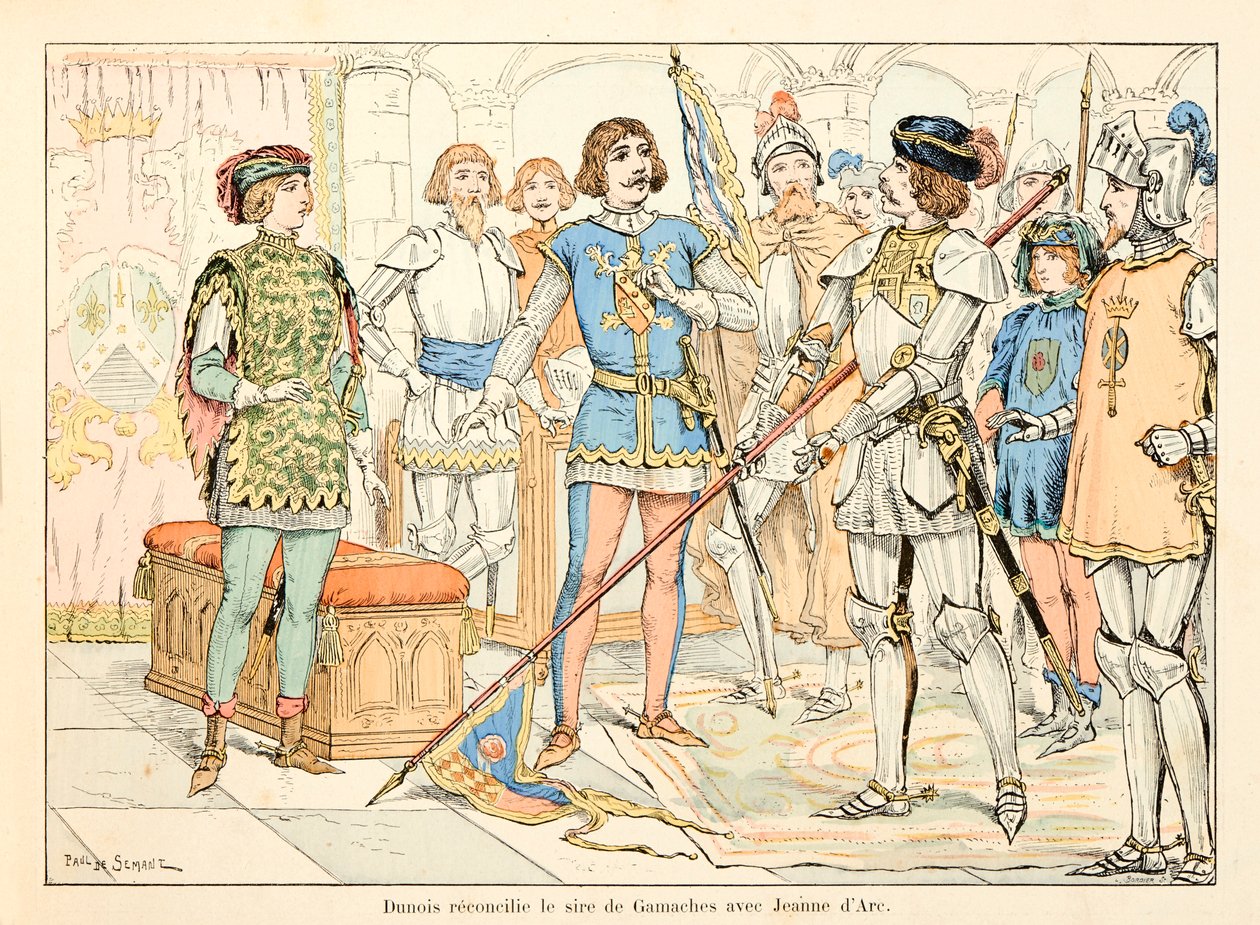 Illustrasjon hentet fra boken "" Joan of Arc "" av Theodore Cahu og illustrert av Paul De Semant (1855-1915): Dunois forsonet faren til Gamaches med Joan of Arc av Paul de Semant