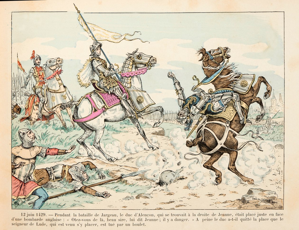 Illustrasjon hentet fra boken "" Joan of Arc "" av Theodore Cahu og illustrert av Paul De Semant (1855-1915): 12. juni 1429 The Lord of Lude dreper ved en ball under slaget ved Jargeau før Jeanne d