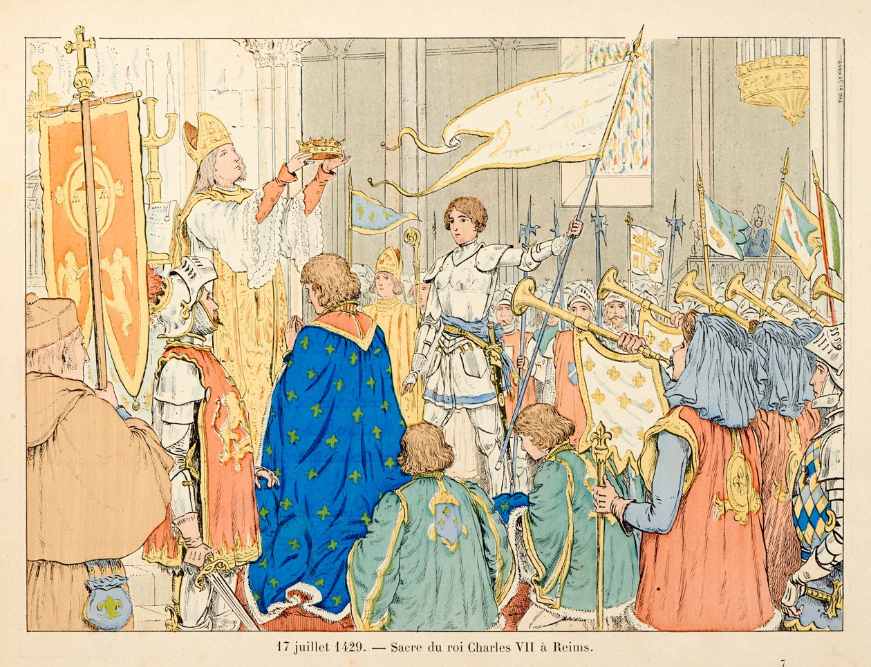 Illustrasjon hentet fra boken "" Joan of Arc "" av Theodore Cahu og illustrert av Paul De Semant (1855-1915): Sacre of King Charles VII in Reims 17. juli av Paul de Semant