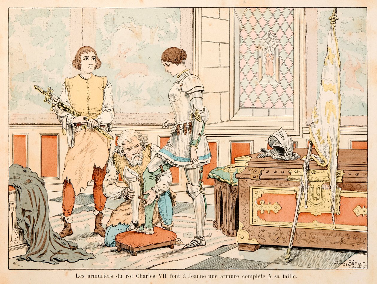 Illustrasjon hentet fra boken "" Joan of Arc "" av Theodore Cahu og illustrert av Paul De Semant (1855-1915): Vånerne til kong Charles VII gjør Jeanne til en komplett rustning av Paul de Semant