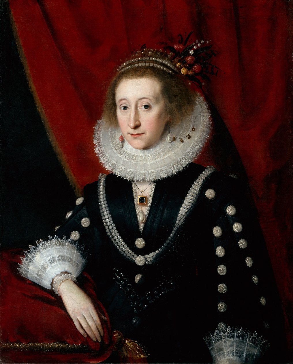 Portrett av en dame antatt å være Lucy Harington (olje på lerret) av Paul van (circle of) Somer