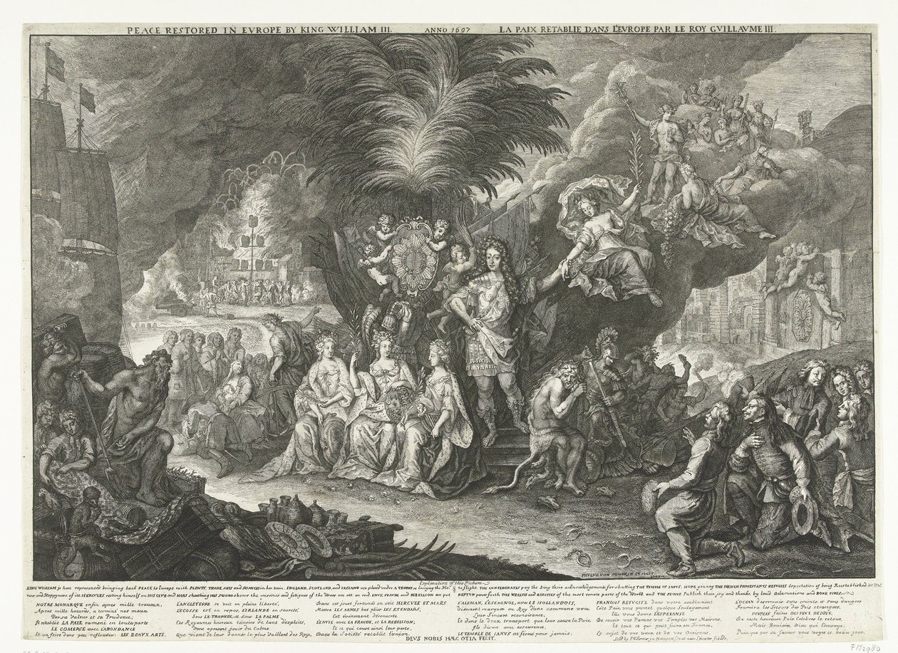 Allegori om kong William III som fredsbringer i Europa, 1697 Fred gjenopprettet i Europa av kong William III / Anno 1697 / La Paix retablie dans l