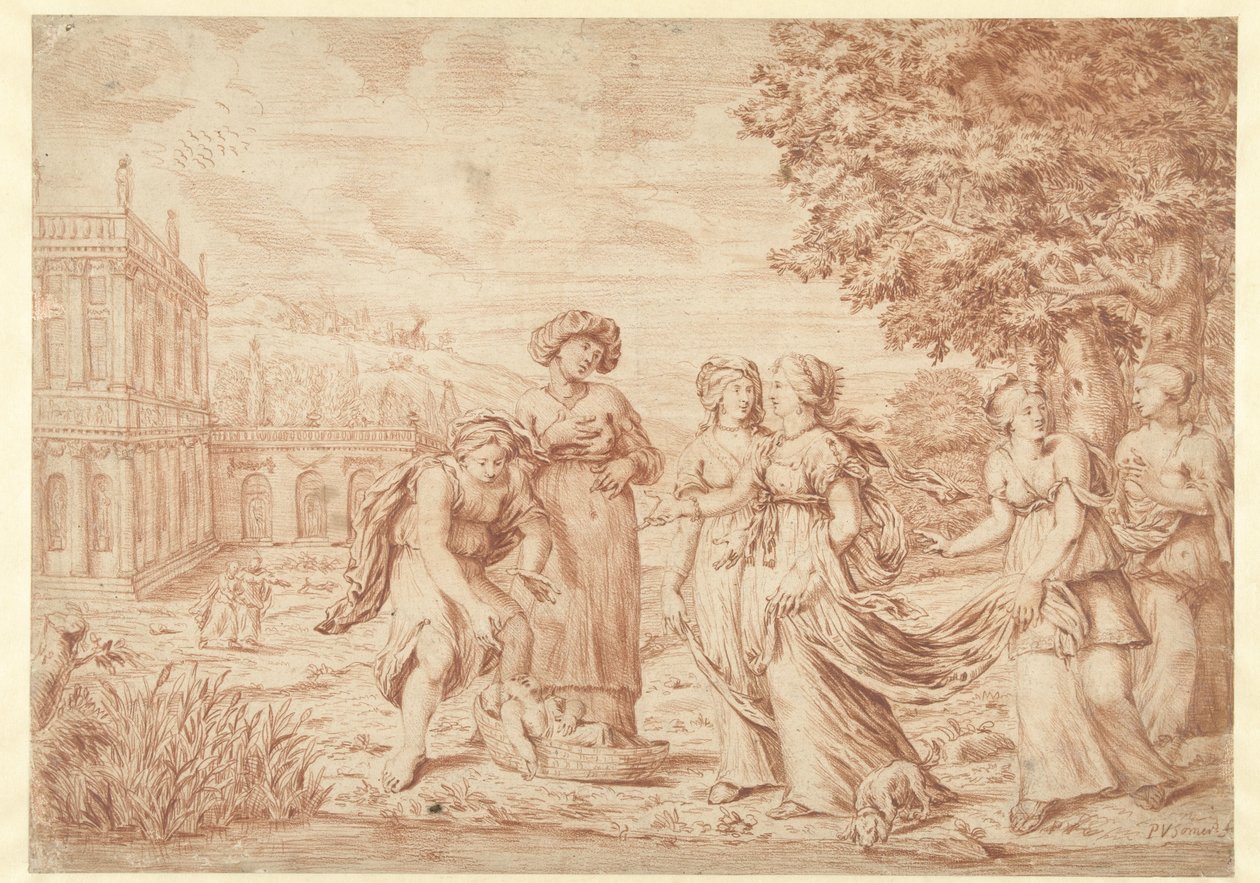 Faraos datter finner Moses i rushkurven av Paul van Somer (II)