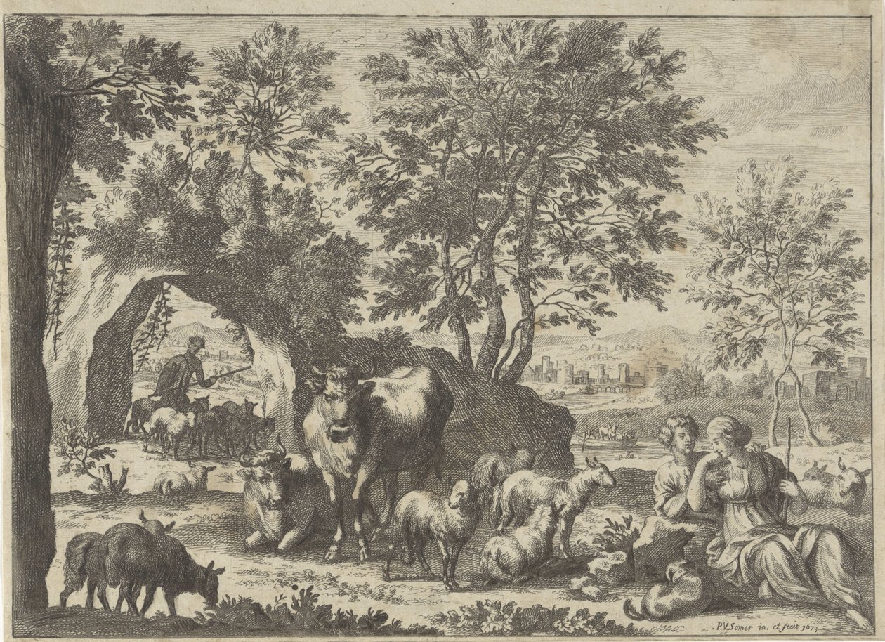 Hyrde og gjeterinne med en flokk av Paul van Somer (II)