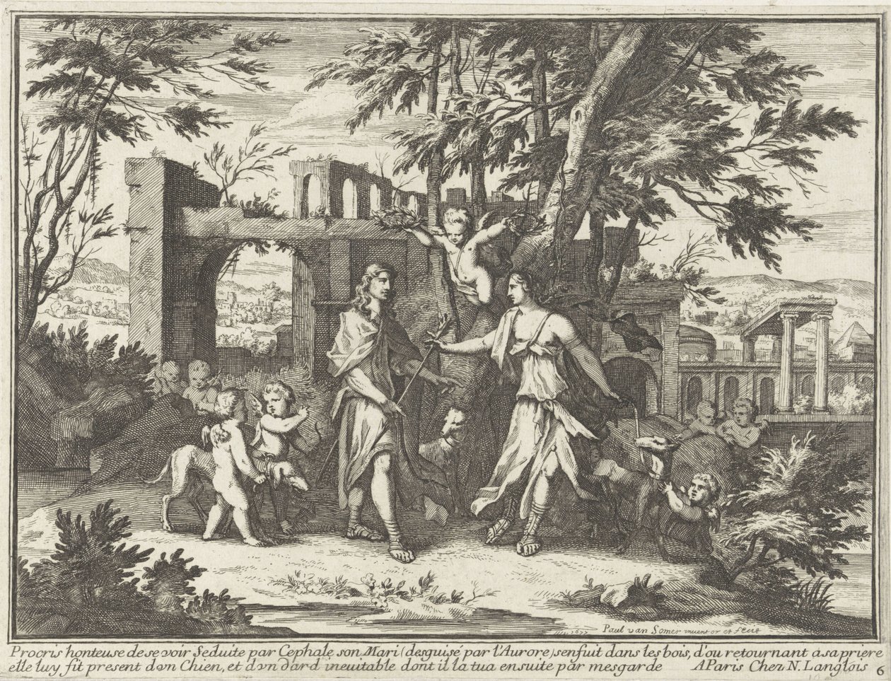 Procris og den forkledde Cephalus Mytologiske representasjoner i landskap (serietittel) av Paul van Somer (II)