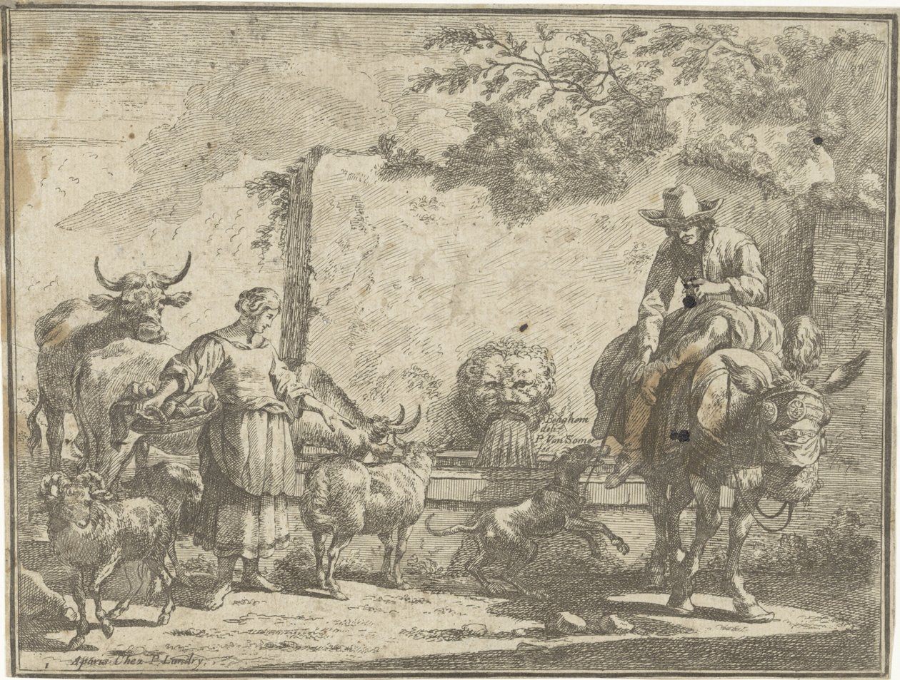 Woman and a Man on a Donkey by a Water Spring Pastoral Landscapes (serietittel) av Paul van Somer (II)