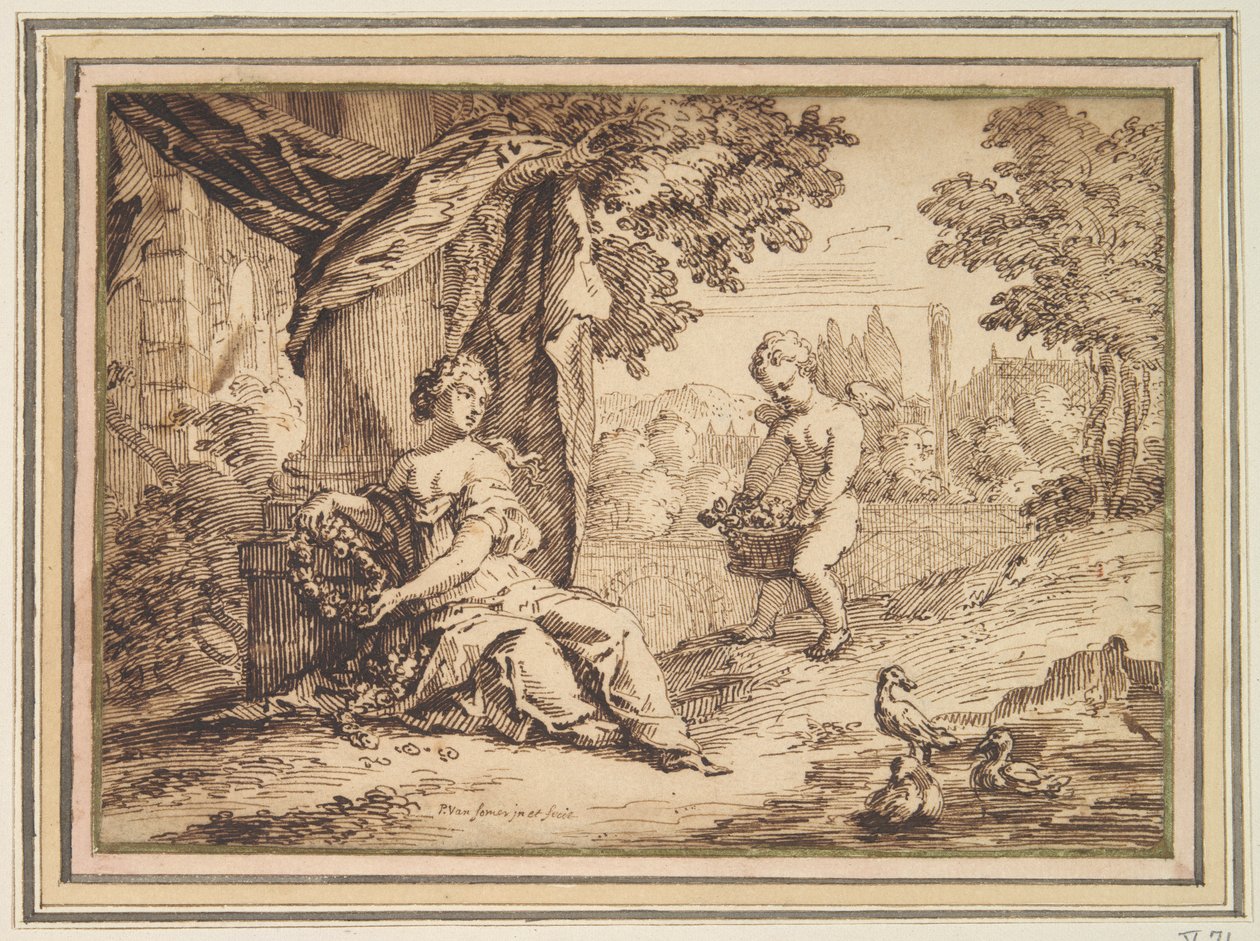 Kvinner sitter under søylen med Putto av Paul van Somer