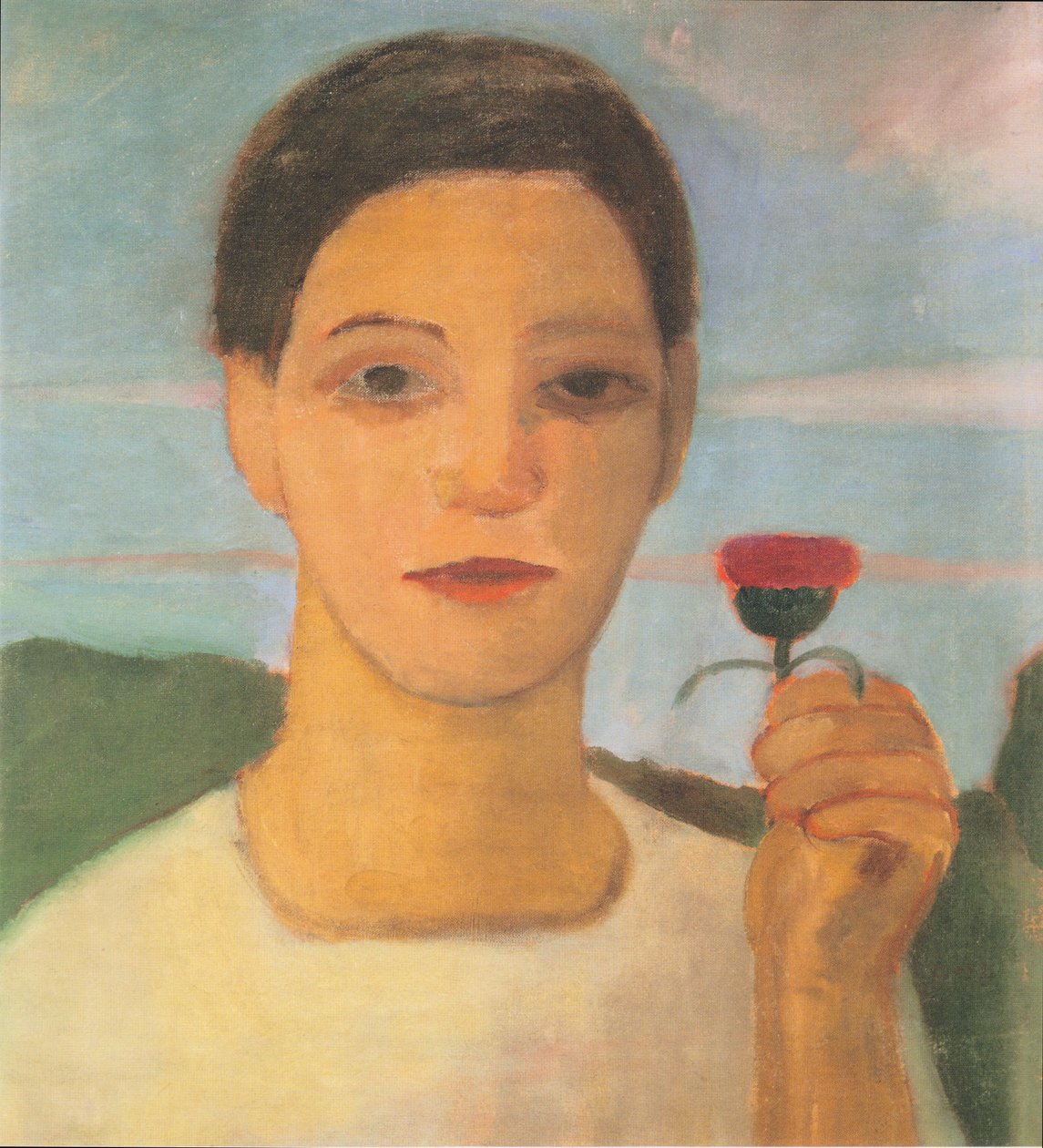 Portrett av søster Herma med en artisjokkblomst i hevet hånd av Paula Modersohn Becker