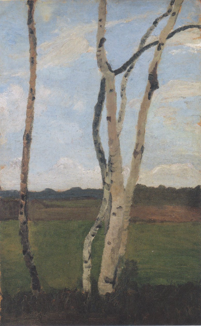 Bjørkestammer foran landskapet av Paula Modersohn Becker