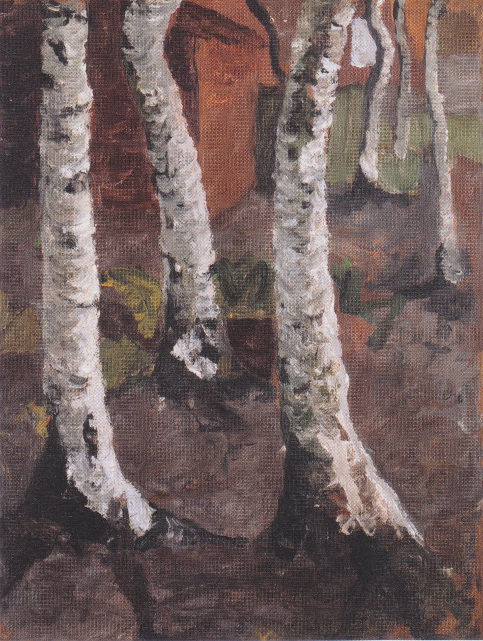 Bjørkestammer foran den røde husmannsplassen av Paula Modersohn Becker
