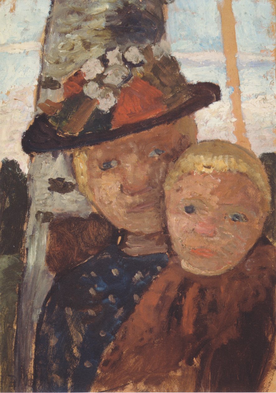 Halvlang portrett av en jente med blomsterhatt og en gutt av Paula Modersohn Becker