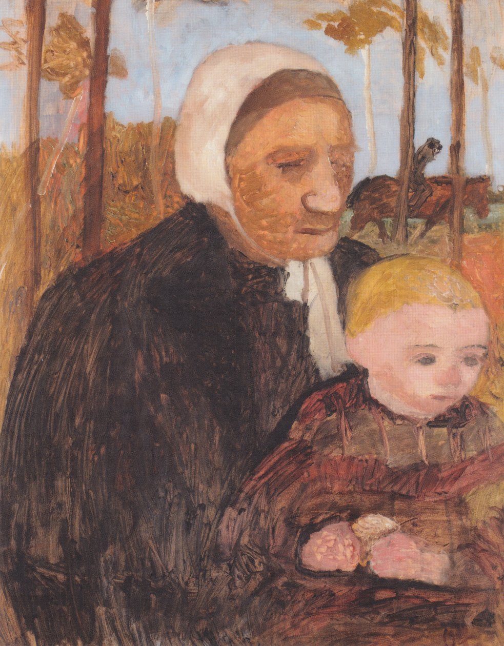 Bondekvinne med barn, i bakgrunnen en rytter av Paula Modersohn Becker