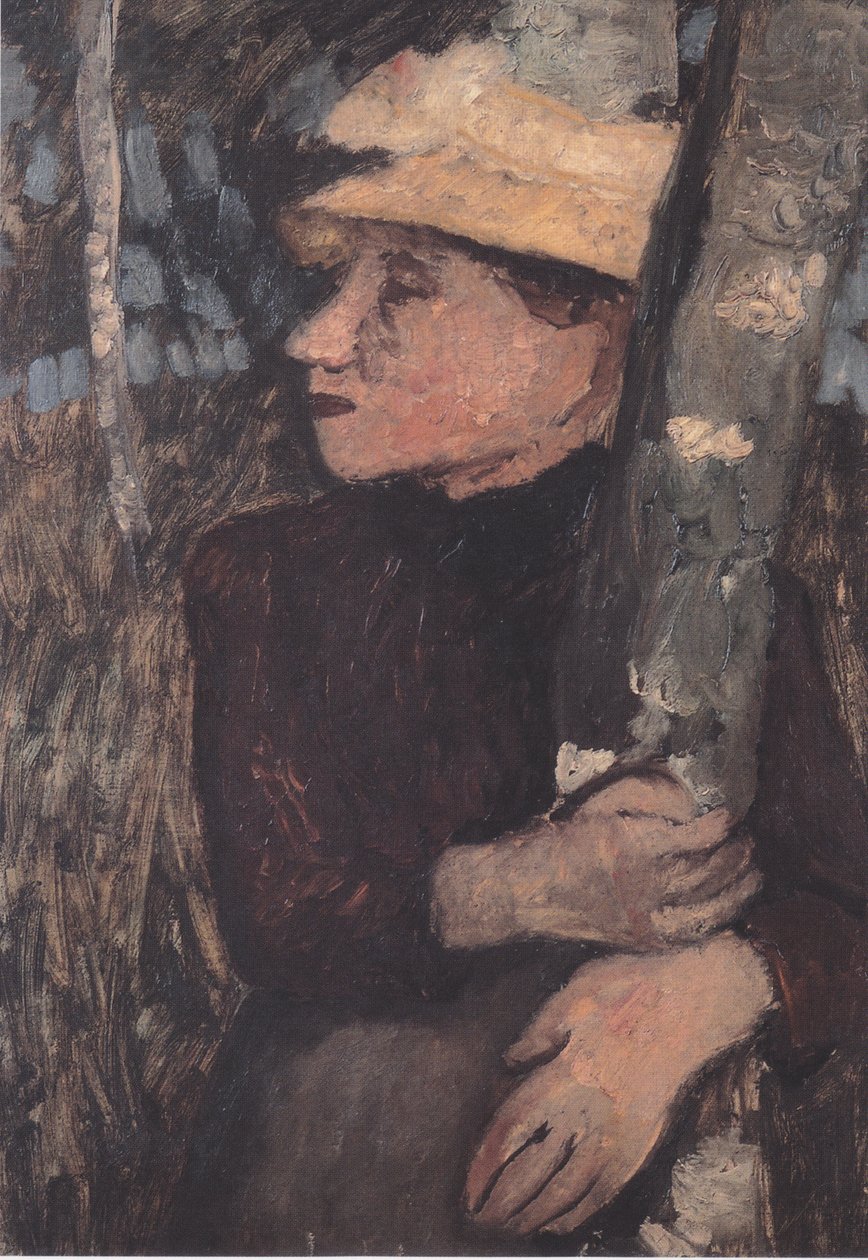 Kvinne med stråhatt mellom bjørketrær av Paula Modersohn Becker