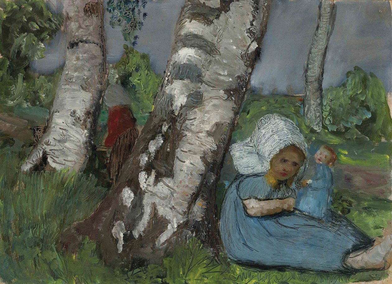 Barn med dukke sitter på bjørkestammen av Paula Modersohn Becker