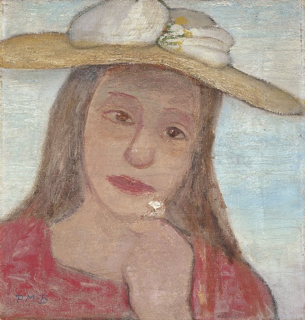 Hodet til en ung jente med stråhatt og en blomst i hevet hånd av Paula Modersohn Becker