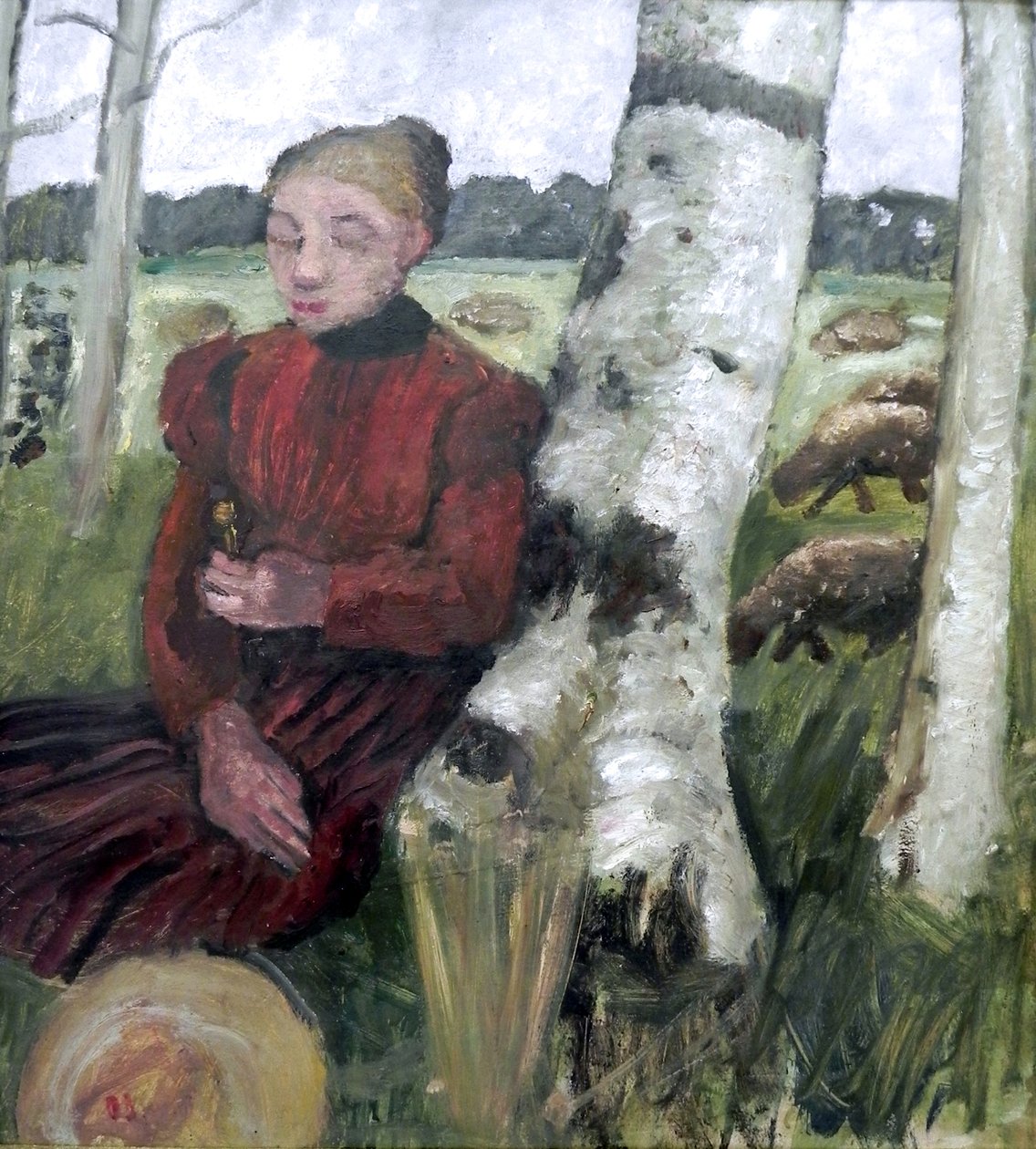Jente hviler på bjørkestammen, saueflokk i bakgrunnen av Paula Modersohn Becker