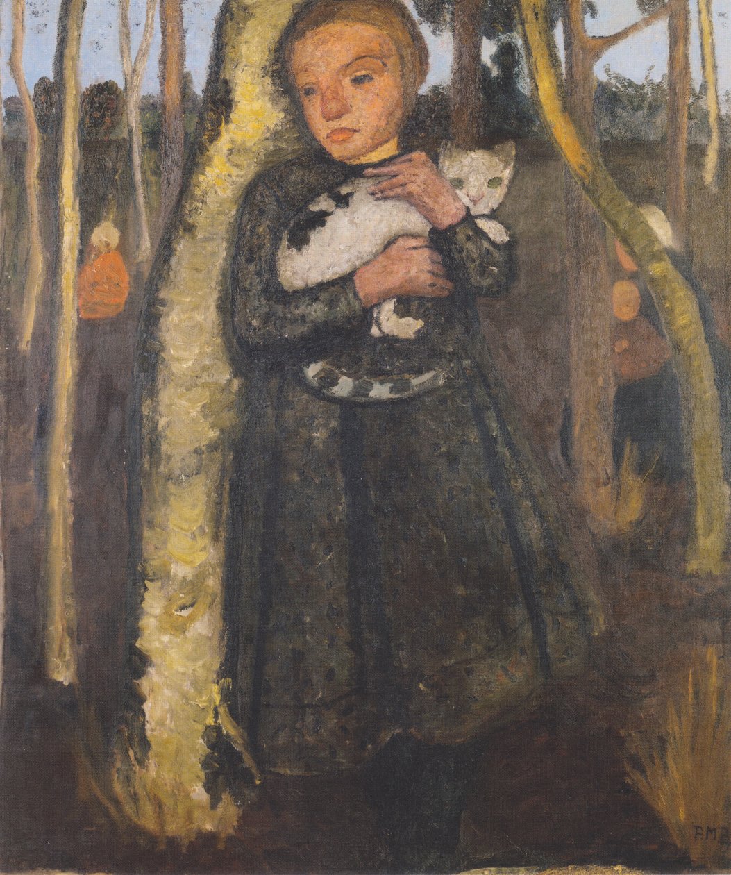 Jente i bjørkeskogen med en katt av Paula Modersohn Becker