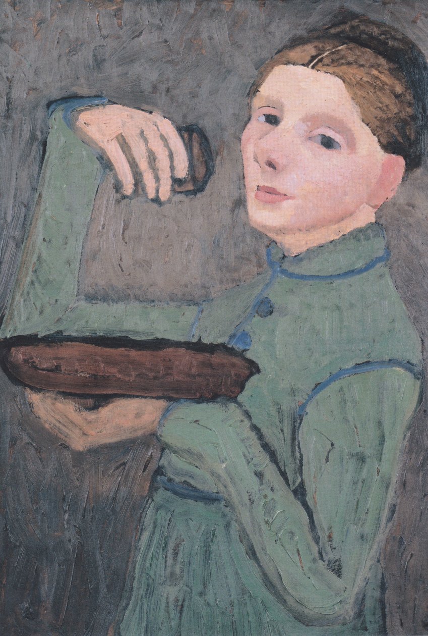 Selvportrett, halv figur til venstre, med en bolle og et glass av Paula Modersohn Becker