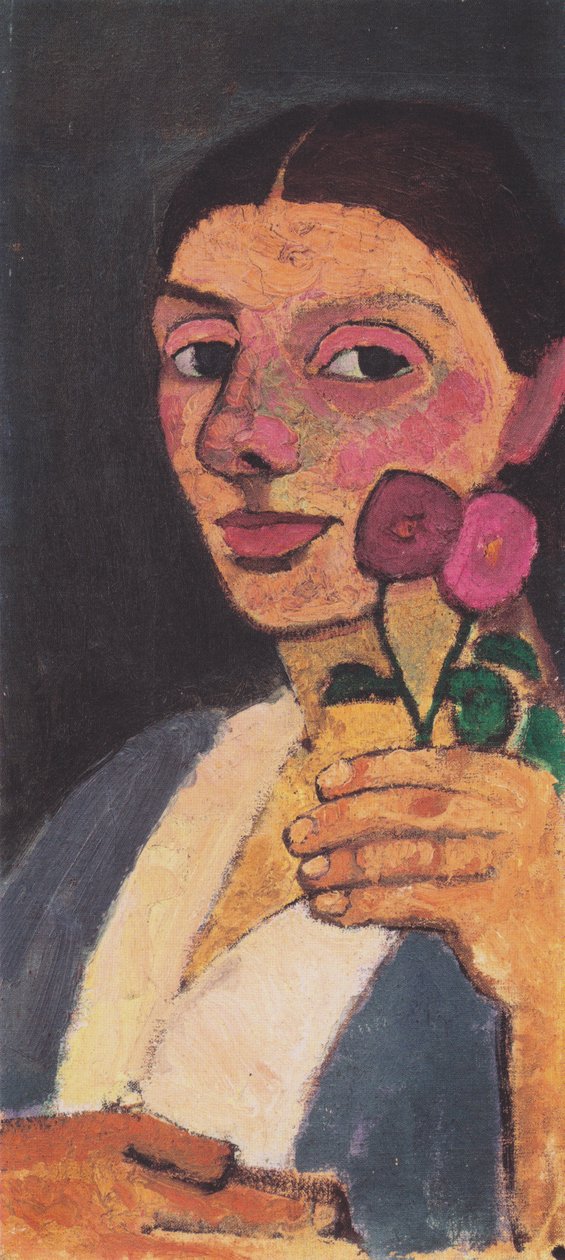 Selvportrett med to blomster i hevet venstre hånd av Paula Modersohn Becker