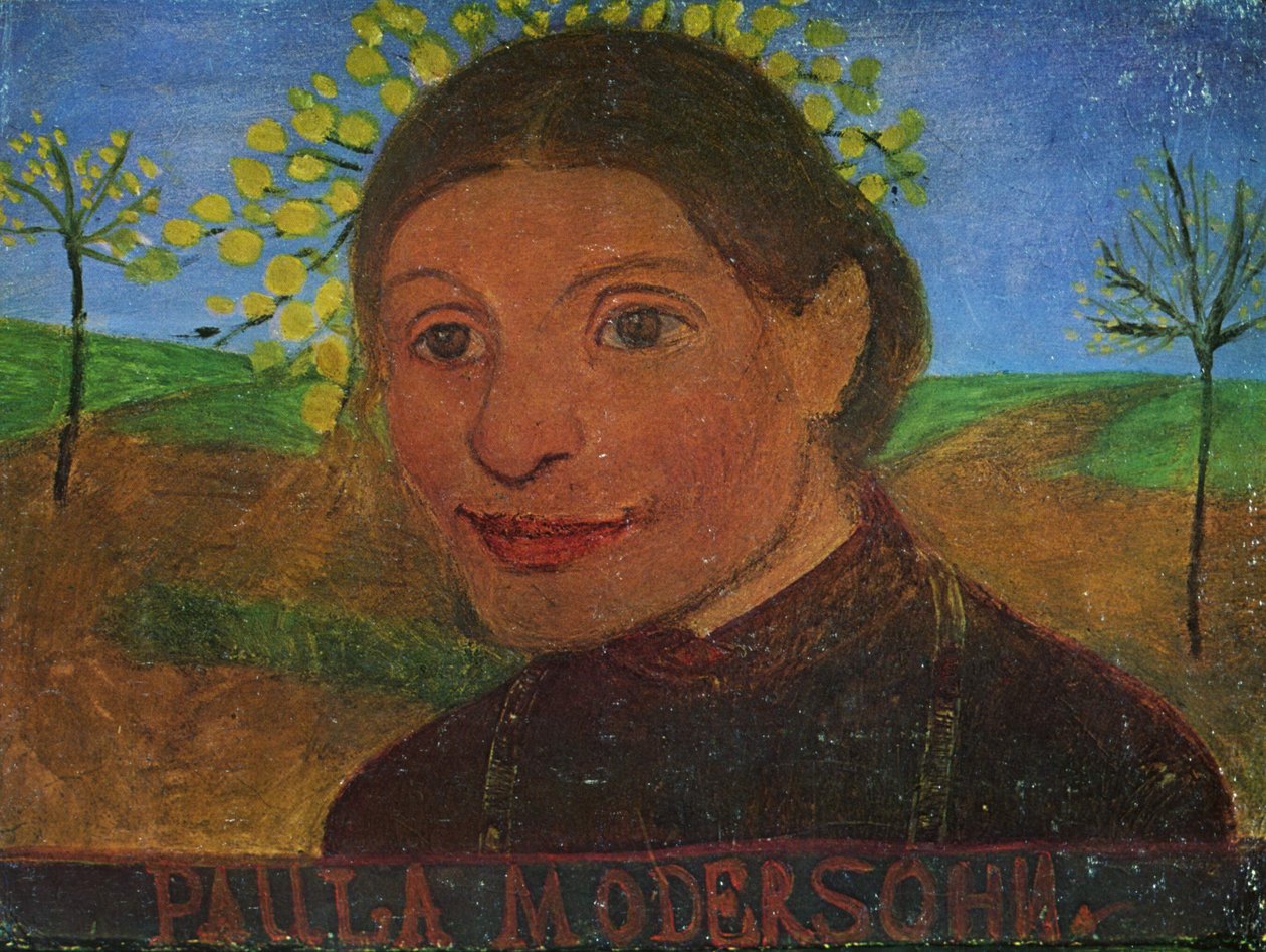 Selvportrett foran blomstrende trær av Paula Modersohn Becker