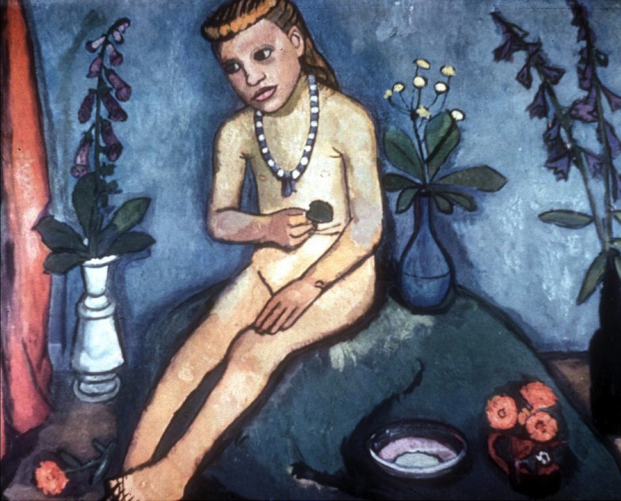 Sitter naken jente med vaser med blomster av Paula Modersohn Becker
