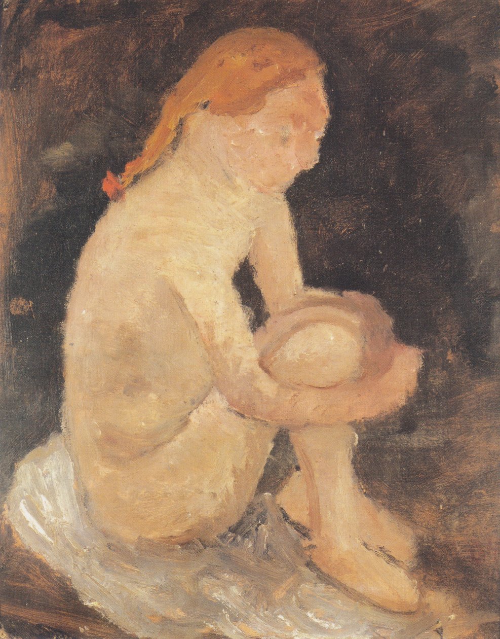 Sitter naken jente til høyre, med bena trukket opp av Paula Modersohn Becker