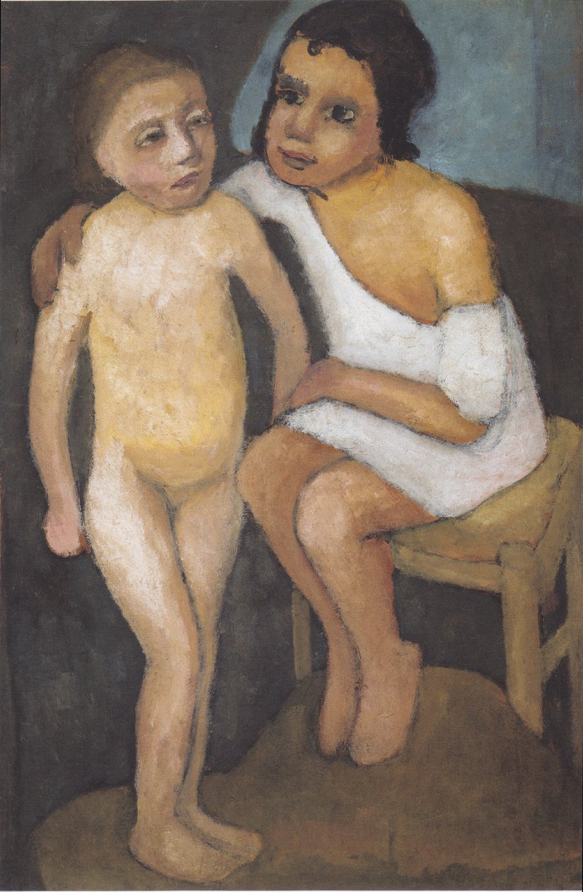 Sittende jente i hvit skjorte og stående naken jente av Paula Modersohn Becker