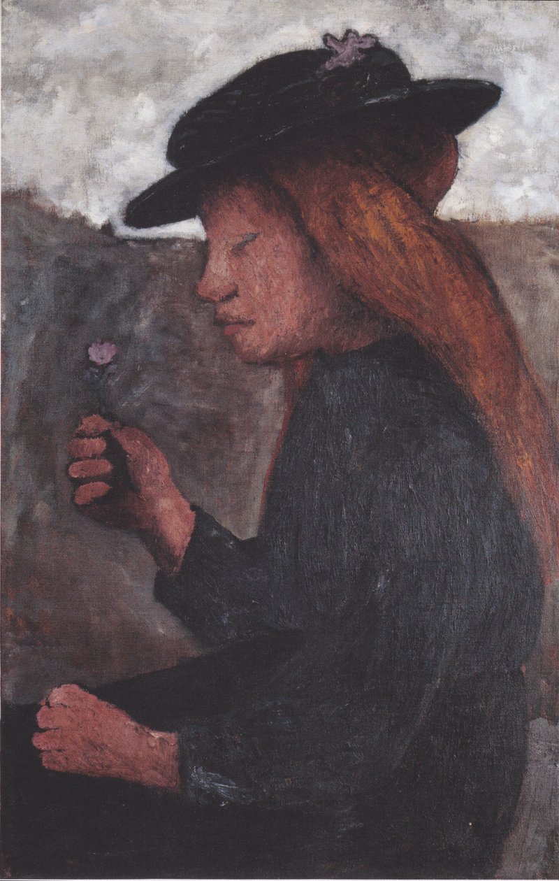 Sittende jente med svart lue og blomst i høyre hånd av Paula Modersohn Becker