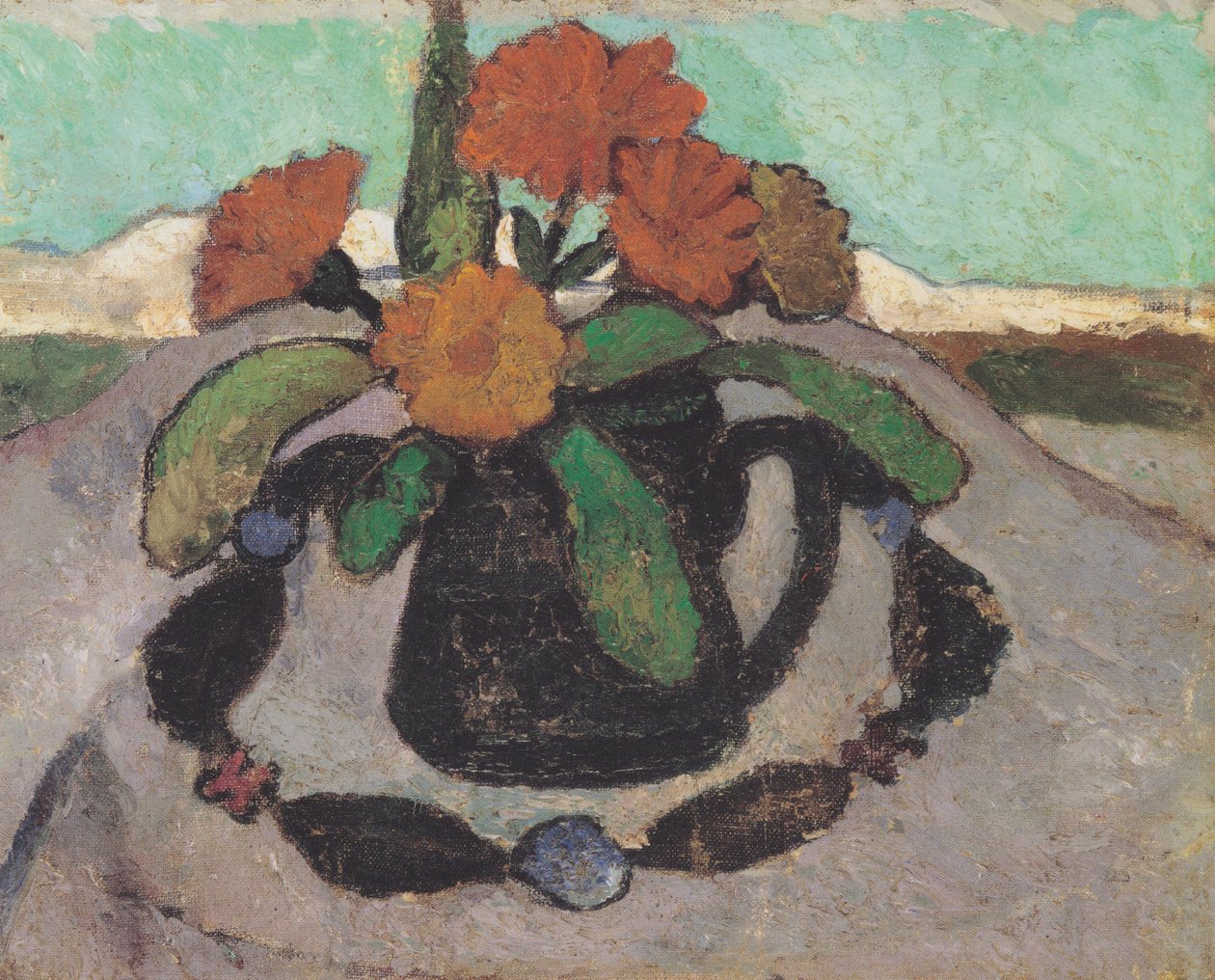 Stilleben med morgenfruer foran et landskap av Paula Modersohn Becker