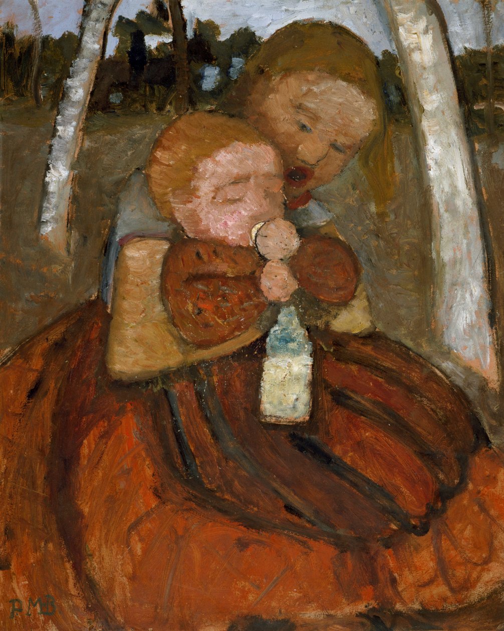 Jente med en baby under bjørketrær av Paula Modersohn Becker