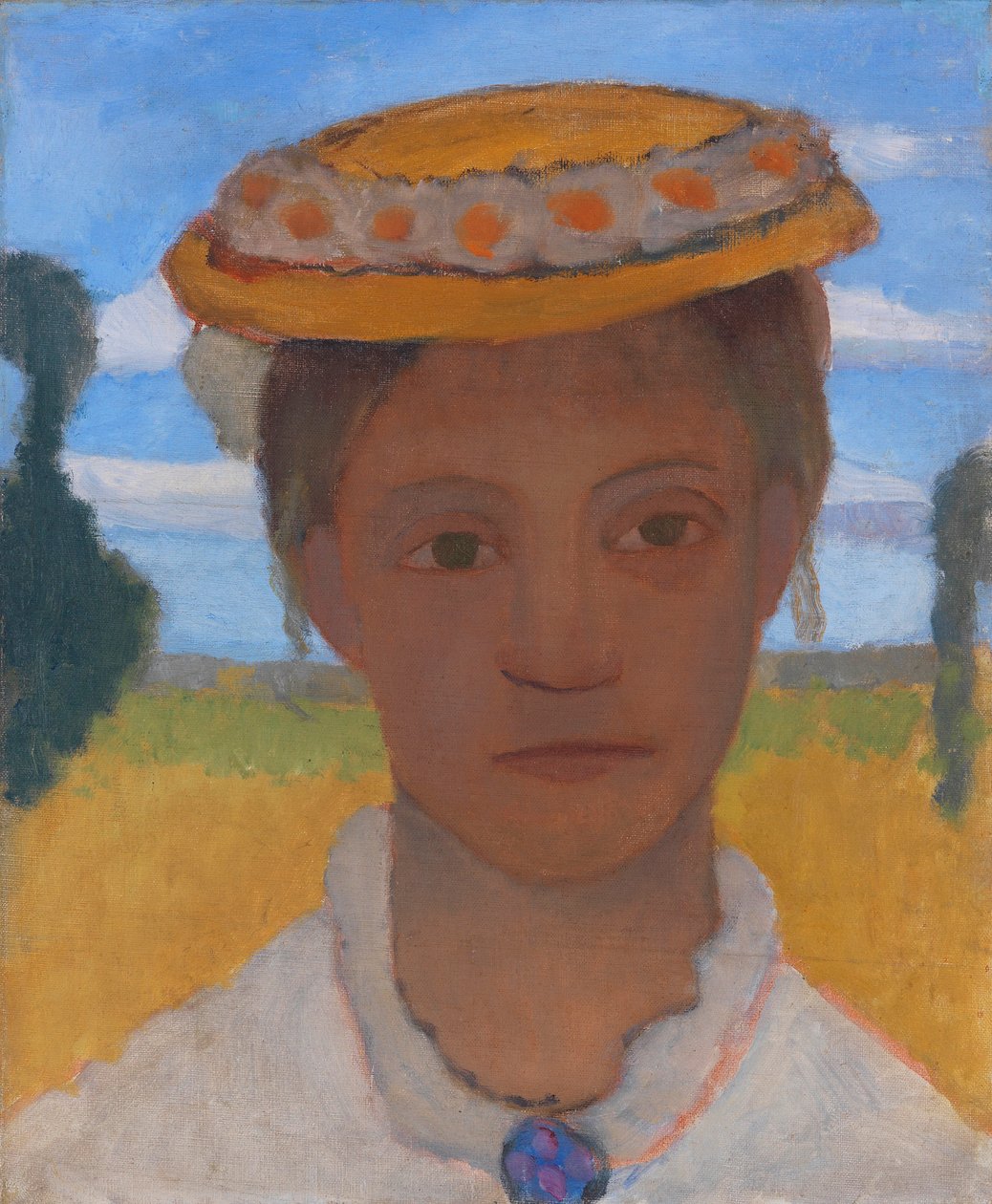 Kunstnerens søster Herma med en krans av tusenfryd på hatten, ca 1901. av Paula Modersohn Becker