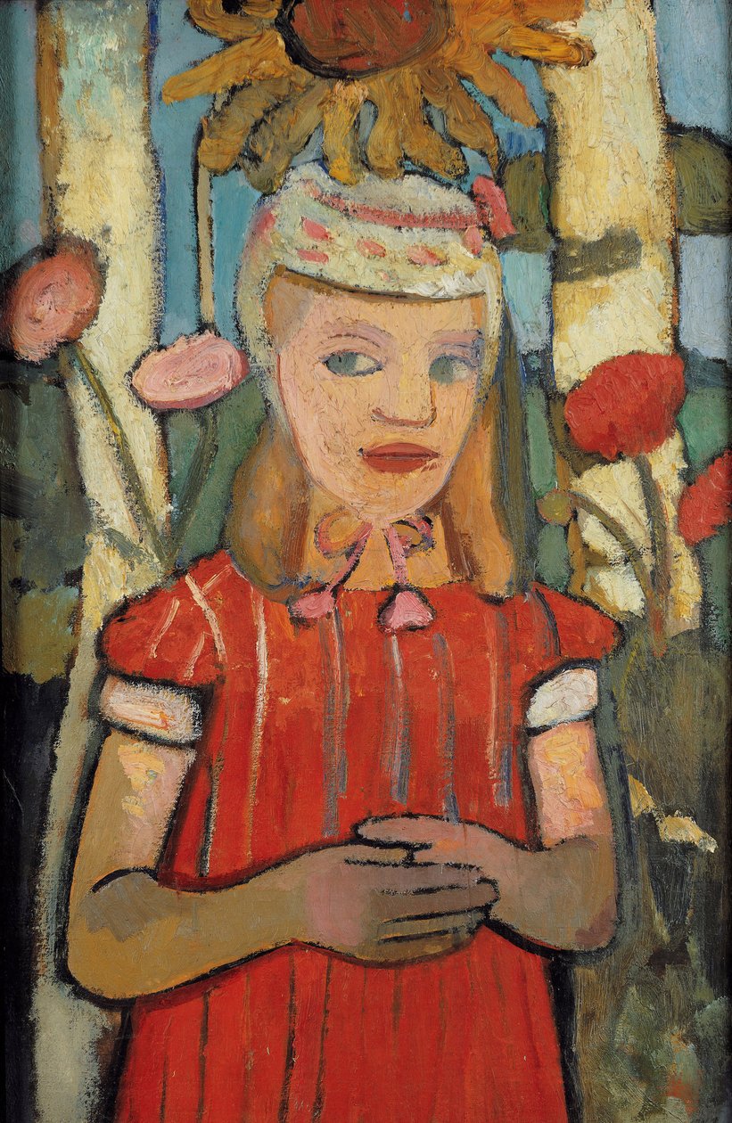 Jente i rød kjole foran solsikke, 1907. av Paula Modersohn Becker