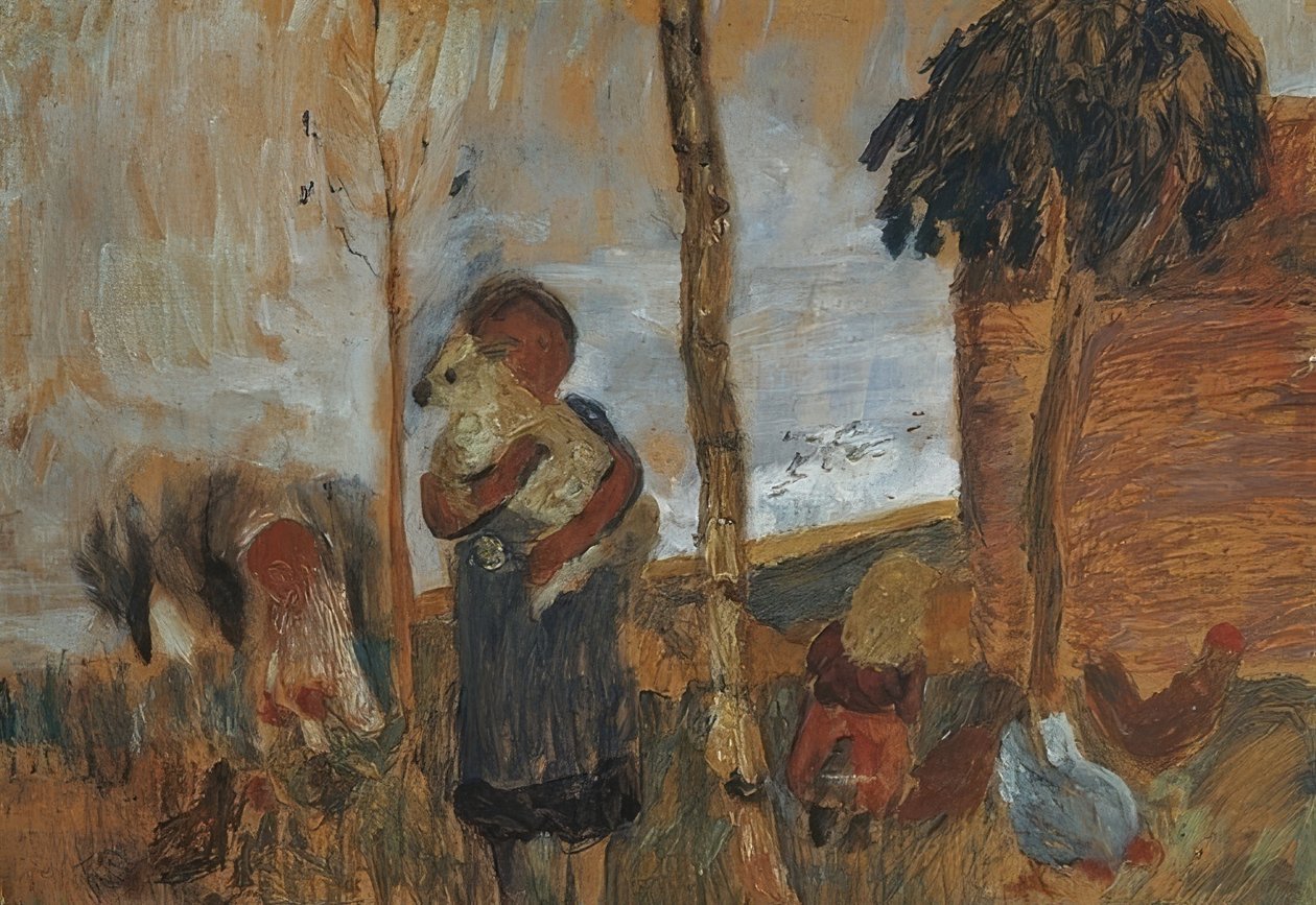 Barn og høner foran landskapet. Rundt 1902 av Paula Modersohn Becker