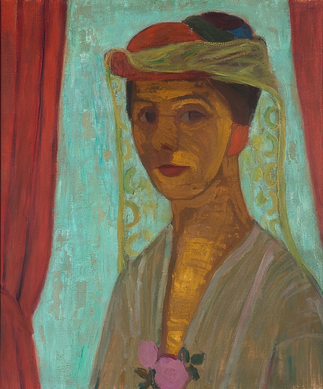 Selvportrett med hatt og slør. 1906-07 av Paula Modersohn Becker
