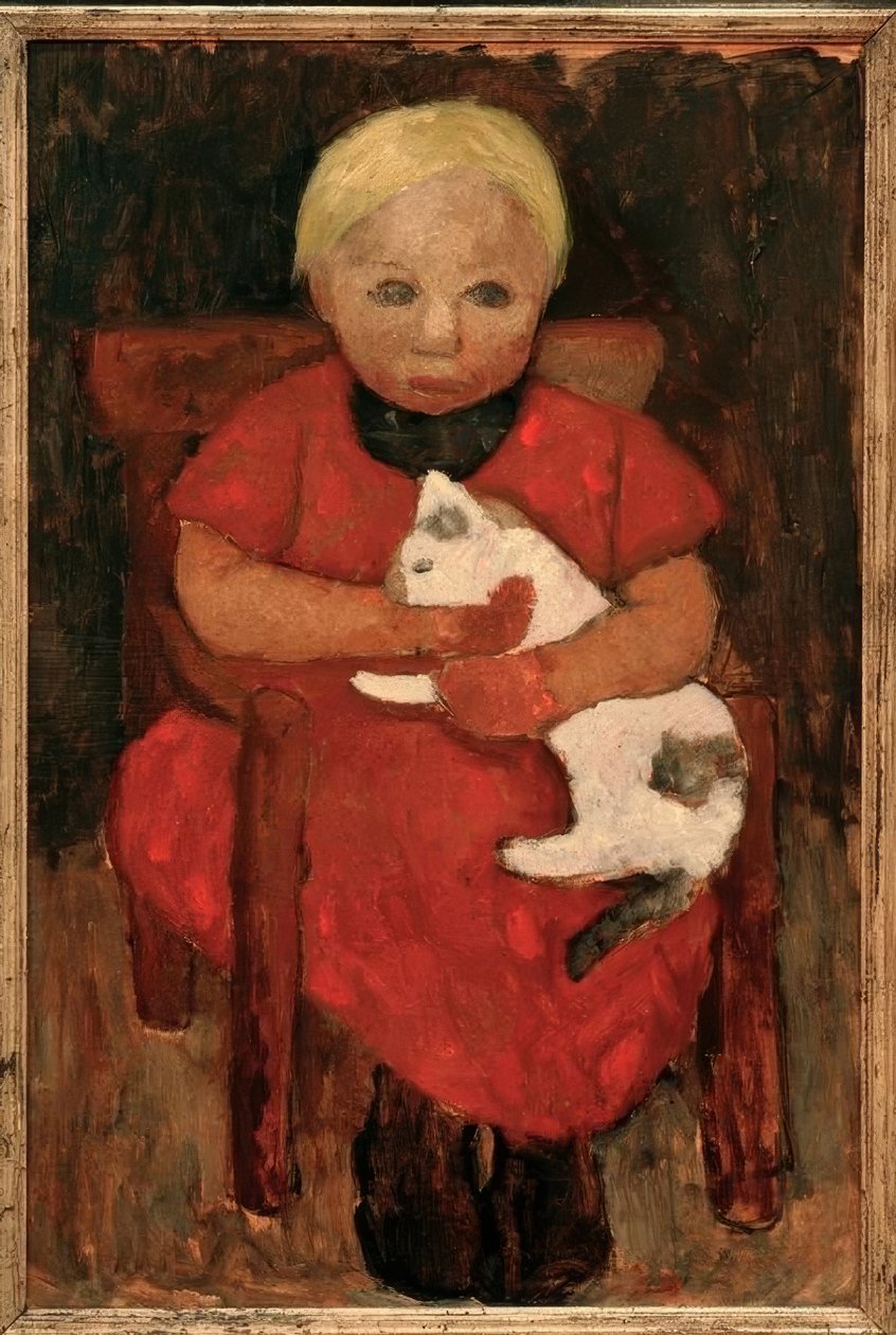 Sittende bondebarn med katt av Paula Modersohn Becker