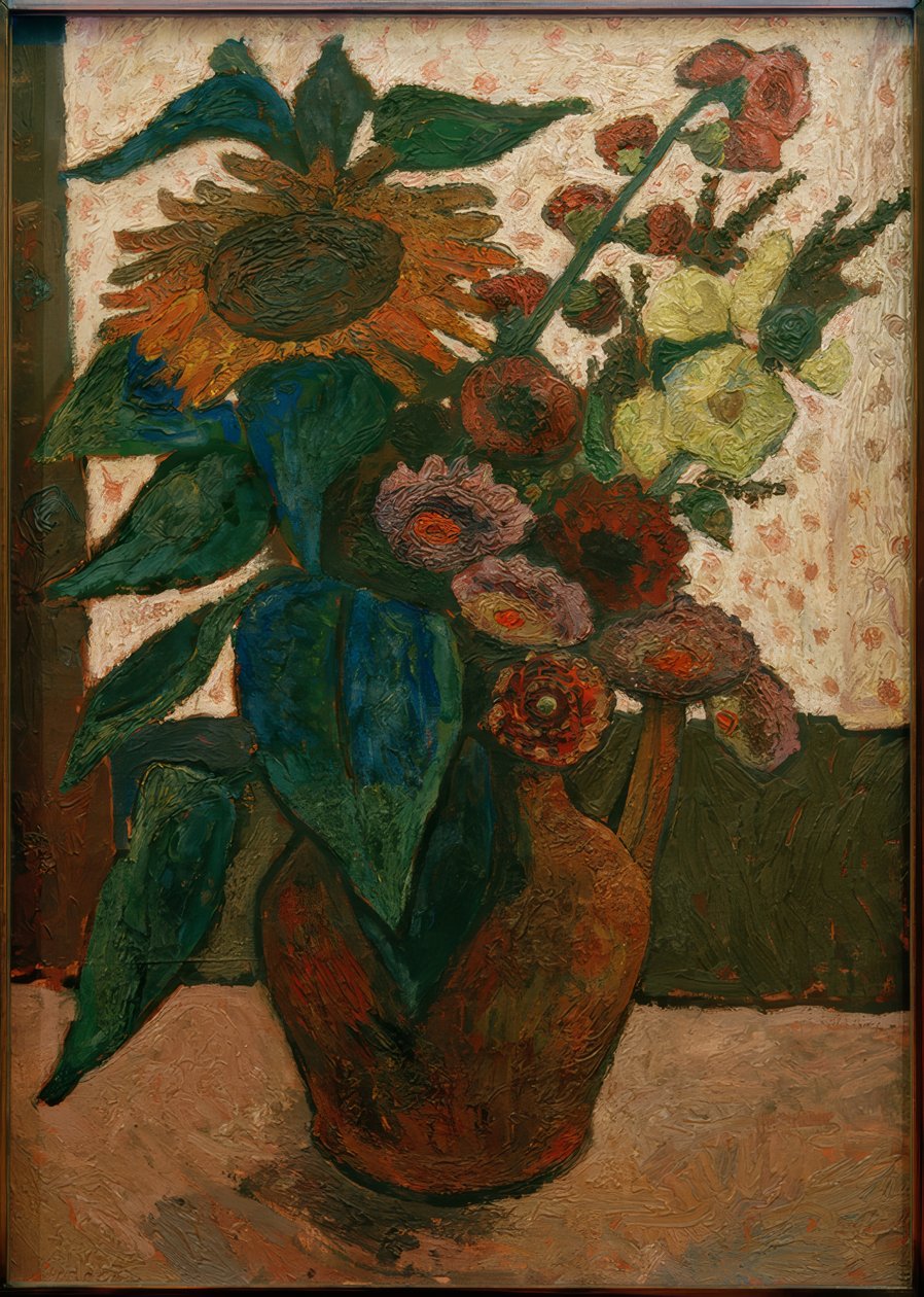 Stilleben med solsikke, stokkroser og georginer av Paula Modersohn Becker